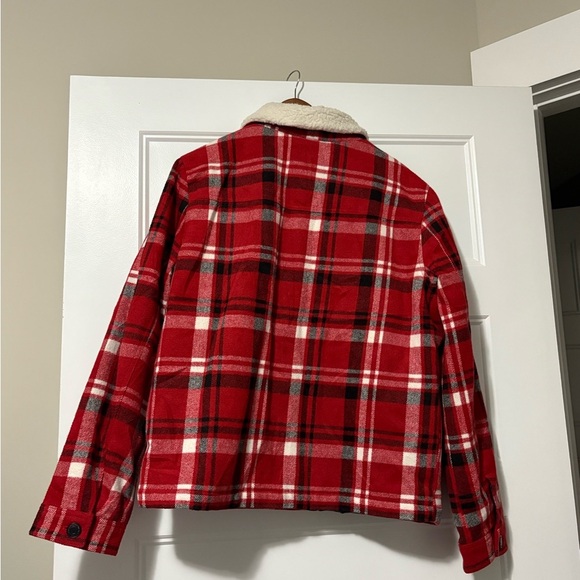 Lucky Brand Red Plaid Button Up Sherpa Fleece Lined Shirt Jacket Medium - Picture 10 of 13